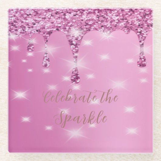 Elegante Roze Pailletten Druipende Bruidsmeisjesbr Glazen Onderzetter (Voorkant)