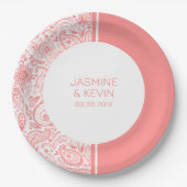 Elegante Roze Paisley op Wit & Roze Gesplitst Sche Papieren Bordje (Voorkant)
