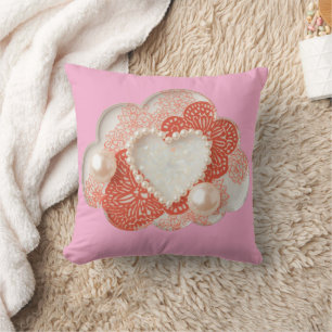 Elegante Roze Parel Hart en Koraal Kant 3D Illusie Kussen