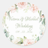 Elegante roze & pastelgroene bloemige bruiloft ronde sticker (Voorkant)