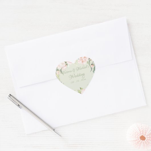 Elegante roze & pastelgroene bloemige trouw hart sticker (Envelop)