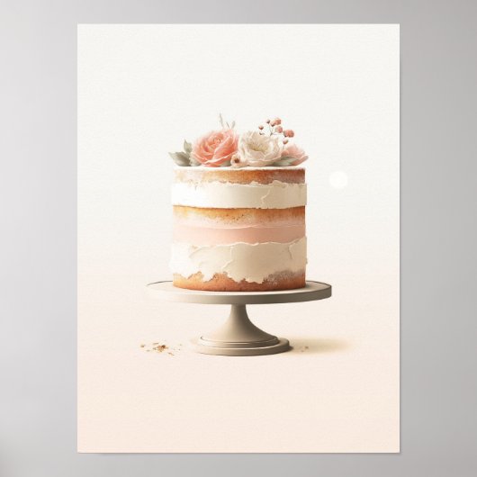 Elegante Roze Perzik Bloem Cake Keuken Bakkerij Poster (Voorkant)