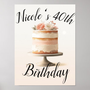 Elegante Roze Perzik Bloem Cake Verjaardagsfeestje Poster