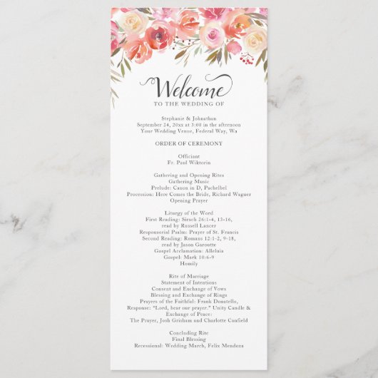 Elegante Roze Perzik Bloemen Waterverf bruiloft Programmakaart (Voorkant)