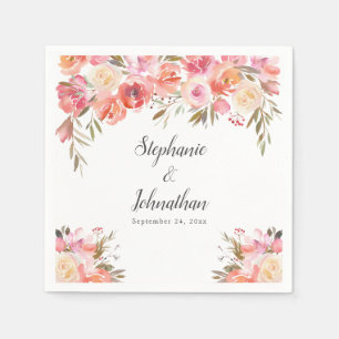 Elegante Roze Perzik Bloemen Waterverf bruiloft Servet