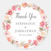 Elegante Roze Perzik Bloemen Waterverf Dank u Ronde Sticker (Voorkant)