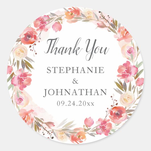 Elegante Roze Perzik Bloemen Waterverf Dank u Ronde Sticker (Voorkant)