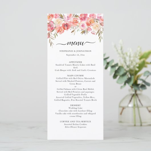 Elegante Roze Perzik Bloemen Waterverf Gouden brui Menu (Staand voorkant)