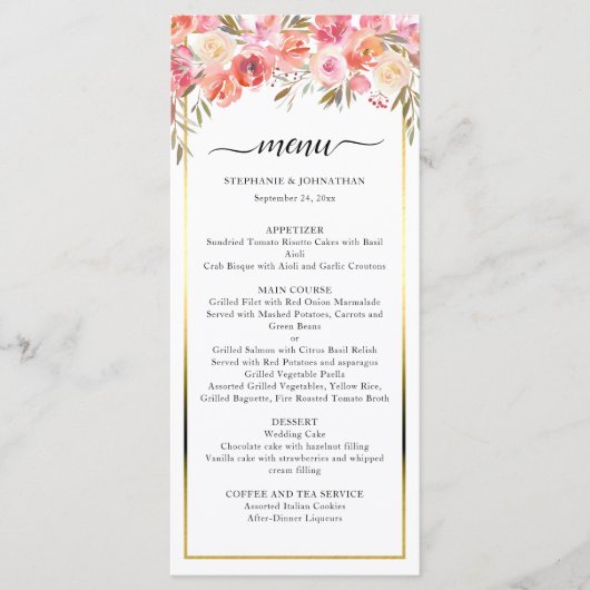 Elegante Roze Perzik Bloemen Waterverf Gouden brui Menu (Voorkant)