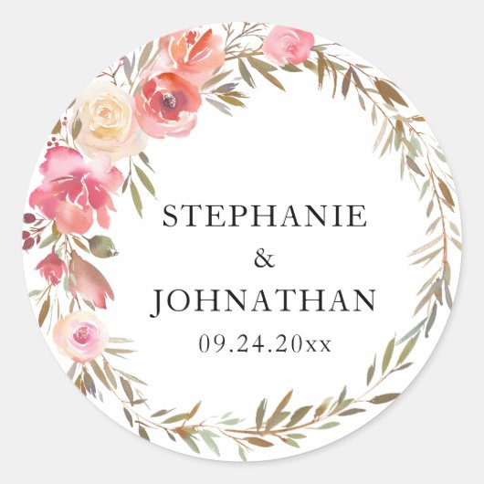 Elegante Roze Perzik Bloemenaquarel Ronde Sticker (Voorkant)