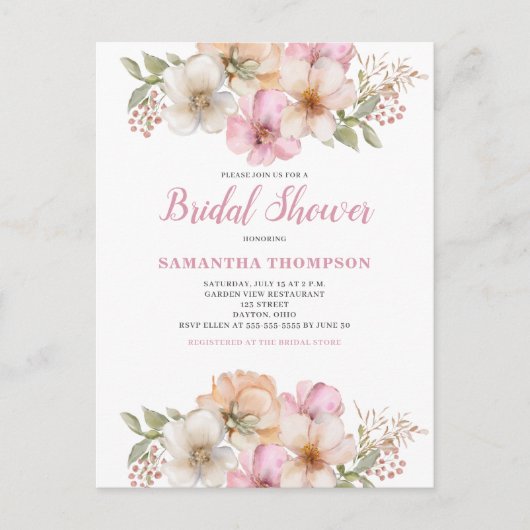 Elegante roze perzik bloemenbruids douche uitnodig briefkaart (Voorkant)