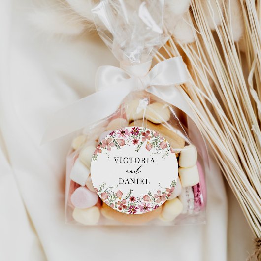 Elegante roze perzik bloemenbruiloft gunsten ronde sticker