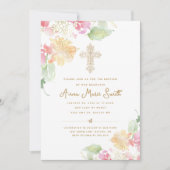 Elegante roze perzik bloemig  kruis doop kaart (Voorkant)