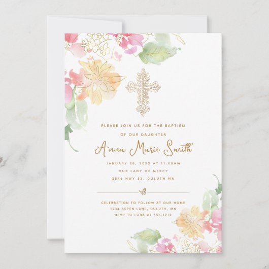 Elegante roze perzik bloemig  kruis doop kaart (Voorkant)
