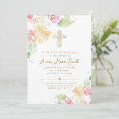 Elegante roze perzik bloemig  kruis doop kaart (Staand voorkant)