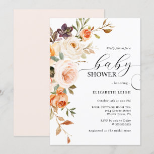 Elegante Roze Perzik Bloemige Baby Shower Uitnodig Kaart