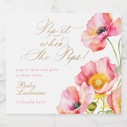 Elegante roze perzik bloemige Pop wanneer ze Poppe Sparkling Wijnetiket (Enkel label)