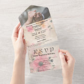 Elegante roze perzik crème Waterverf bloemfoto All In One Uitnodiging (Afscheurbaar)