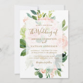 Elegante roze perzik gouden bloei bruiloft kaart (Voorkant)