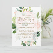 Elegante roze perzik gouden bloei bruiloft kaart (Staand voorkant)