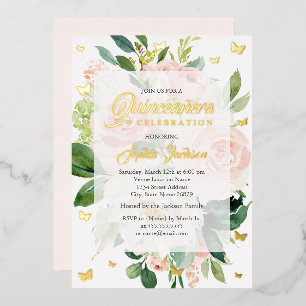 Elegante Roze Perzikbloesem Quinceanera Folie Uitnodiging