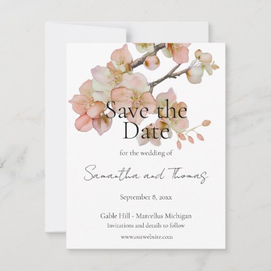 Elegante roze perzikkleurige waterverf bloemengroe save the date (Voorkant)