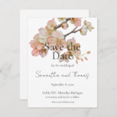 Elegante roze perzikkleurige waterverf bloemengroe save the date (Voorkant / Achterkant)