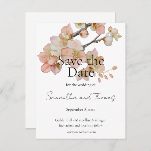 Elegante roze perzikkleurige waterverf bloemengroe save the date (Voorkant / Achterkant)