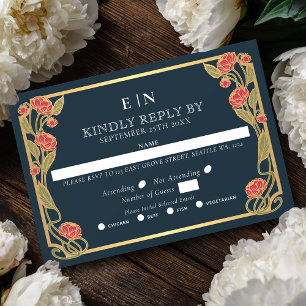Elegante Roze Pioen Art Nouveau Bloemige Bruiloft RSVP Kaartje