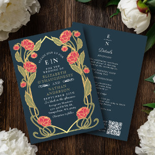 Elegante Roze Pioen Art Nouveau QR Code Bruiloft Kaart