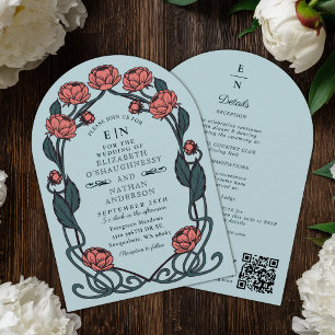 Elegante Roze Pioen Art Nouveau Trouwboog QR Kaart