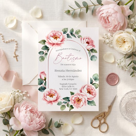 Elegante Roze Pioen Baptism Kaart