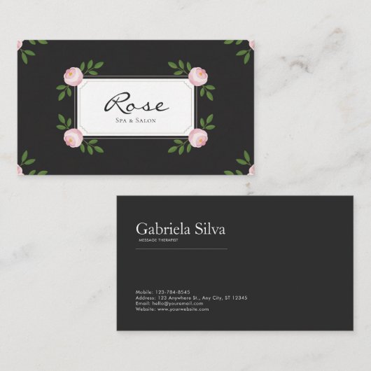 Elegante roze pioen bloem zwart visitekaartje (Voorkant / Achterkant)