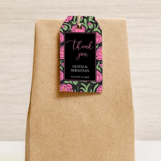 Elegante roze pioen bloemen bruiloft dank u cadeaulabel