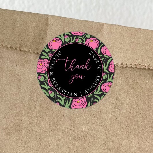 Elegante roze pioen bloemen bruiloft dank u ronde sticker
