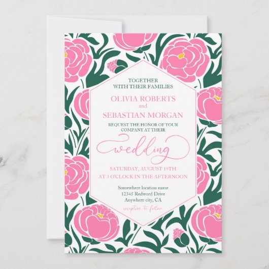 Elegante roze pioen bloemen bruiloft kaart (Voorkant)