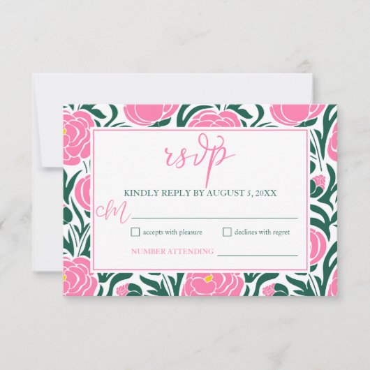 Elegante roze pioen bloemen bruiloft RSVP kaartje (Voorkant)