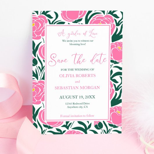 Elegante roze pioen bloemen bruiloft save the date