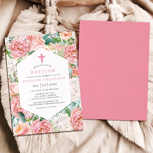 Elegante Roze Pioen Bloemen Ontwerp Doop Kaart