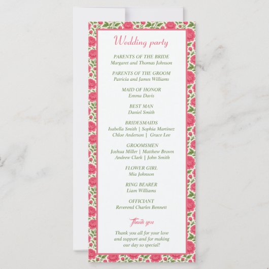 Elegante roze pioen bloemenbruiloft programma (Achterkant)