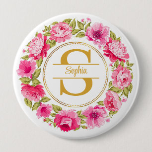 Elegante Roze Pioen Bloemenkrans Gouden Monogram Ronde Button 4,0 Cm