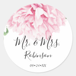 Elegante roze pioen bloemige botanische bruiloft ronde sticker