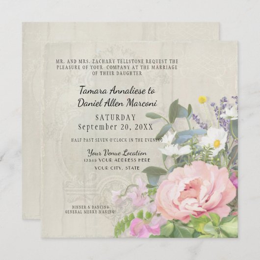 Elegante Roze Pioen Bloemige Groene Elementen Rust Kaart (Voorkant / Achterkant)