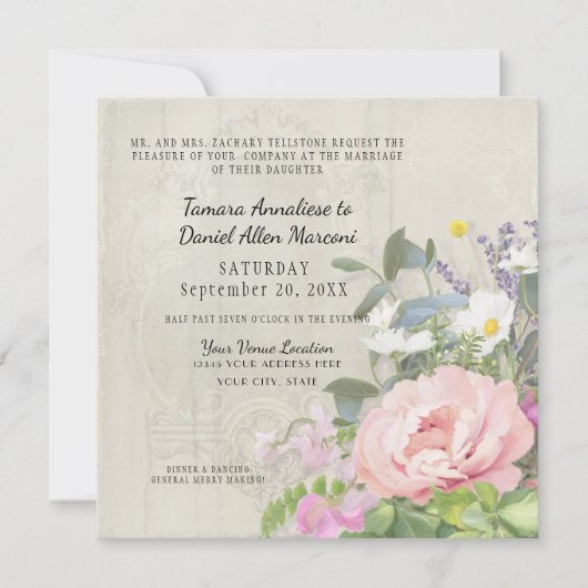 Elegante Roze Pioen Bloemige Groene Elementen Rust Kaart (Voorkant)