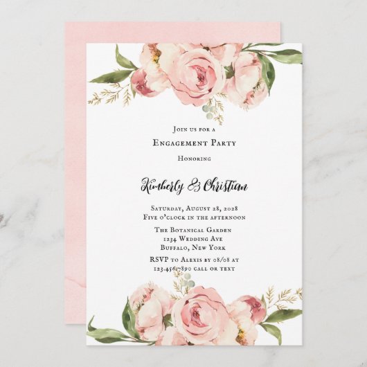 Elegante roze pioen bloemige verlovingsfeest kaart (Voorkant / Achterkant)