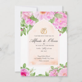 Elegante Roze Pioen Bloemrijke Gebogen Trouwuitnod Kaart