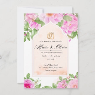 Elegante Roze Pioen Bloemrijke Gebogen Trouwuitnod Kaart