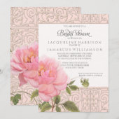 Elegante Roze Pioen Bloemstuk met Groene Bruidsuit Kaart (Voorkant / Achterkant)