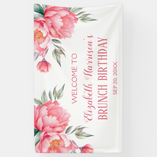 Elegante roze pioen botanische brunch verjaardag spandoek (Verticaal)