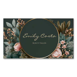 Elegante Roze Pioen Botanische Donker Teal Gouden  Magnetisch Visitekaartje